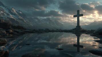 Mountain cross reflected in calm water at sunset, showcasing dramatic clouds and serene landscape photo