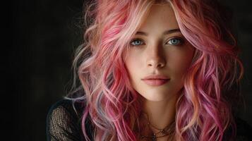 Brightly colored hair showcases vibrant beauty in a striking portrait illuminated by soft light photo