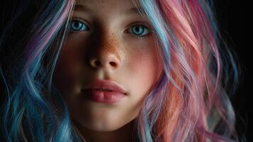Young girl with pastel-colored hair poses against a dark background, showcasing her vibrant features and unique style photo