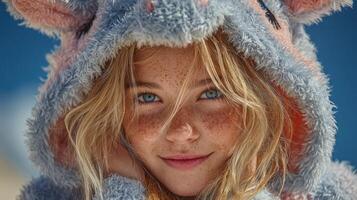 Girl in a cozy animal hoodie enjoying the outdoors with a playful expression and bright blue eyes photo