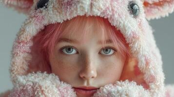 Young girl in soft pink bunny hoodie gazes with striking blue eyes, showcasing playful innocence and charm in cozy indoor setting photo