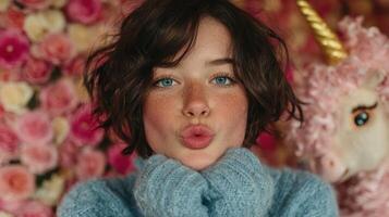 Young woman with short hair and blue sweater making a playful expression in a floral backdrop at a cozy indoor setting photo