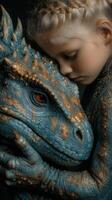 Child embraces a dragon-like creature in a tender moment of connection and friendship in an imaginative fantasy setting photo
