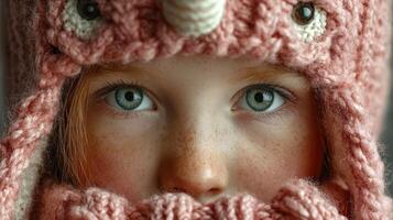 Young child wearing a cozy knitted hat with large eyes showcasing curiosity and warmth in a serene indoor setting photo