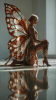 Beautiful butterfly fairy with translucent wings poses gracefully in a sunlit room photo