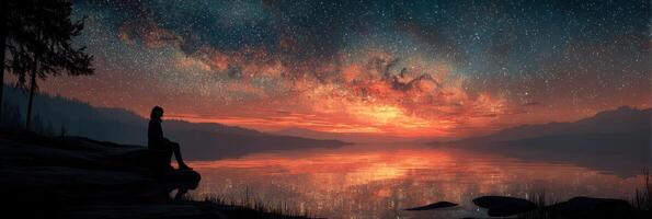 Stargazer watches celestial wonders reflect on tranquil lake at dusk photo