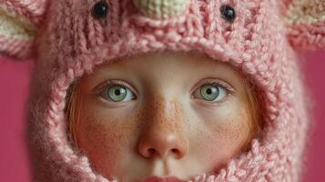 Young child wearing a pink knitted animal hat with large ears against a vibrant background presenting a cute and innocent look photo