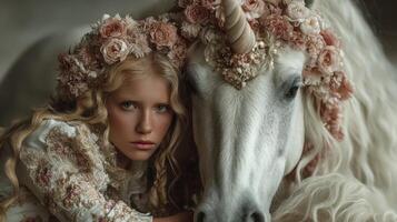 Enchanting portrait of a girl with a unicorn adorned with flowers in a serene indoor setting photo