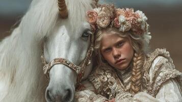 Girl in floral attire posing closely with a majestic unicorn against a serene natural landscape photo