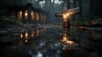 Reflection of a luminous cross in a misty forest with ancient ruins in the background during twilight photo