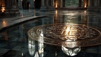 Intricate design shines on reflective floor in ancient stone hall at twilight with warm lighting photo