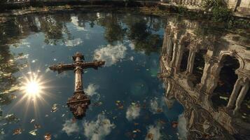 Reflections of an ancient cross in a serene pond surrounded by crumbling architecture photo