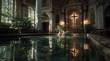 Beautiful interior of an ornate historical building featuring a serene pool and a large cross on display photo