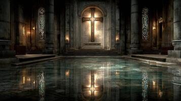 Mysterious interior of an ancient chapel with a reflective pool and illuminated cross at dusk photo