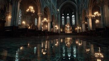 Elegant interior of a grand cathedral with ornate chandeliers and reflective floor captured during evening light photo