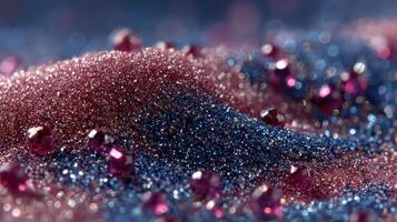 Colorful sand with sparkling crystals glistens under soft lighting in a creative artistic arrangement photo