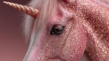 Glittery unicorn head with a shimmering pink coat and golden horn set against a soft pastel background photo