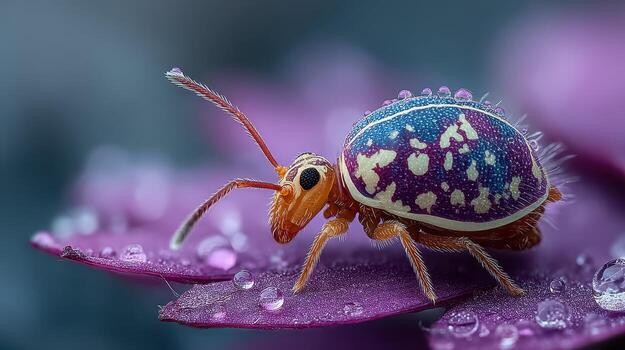 Colorful tiny insect resting on a dew-covered leaf in a garden during the early morning photo