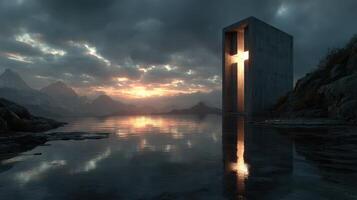Sunset over modern cross structure by tranquil waters in a mountainous landscape photo