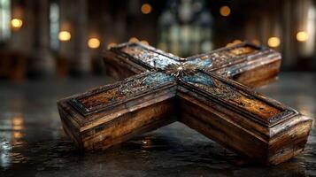 Intricate wooden cross design displayed on a reflective surface in an ornate cathedral setting during evening hours photo