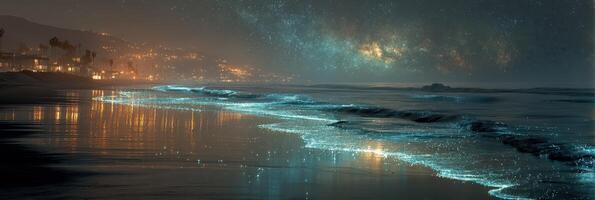 Bioluminescent waves illuminate a tranquil beach at night in a coastal town under a starry sky photo