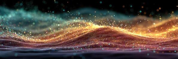 Flowing waves of sparkling colors in an abstract digital landscape at night photo