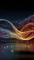Colorful light waves create an abstract wave pattern with vibrant hues of blue and orange in a dark setting photo