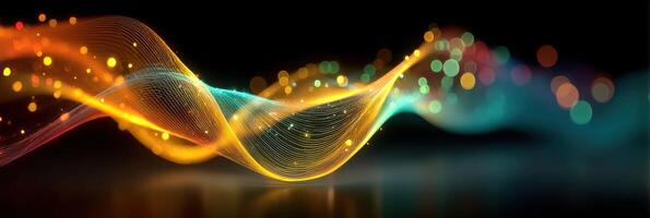 Colorful wave patterns with luminous sparkles flowing gracefully through a dark background at night photo