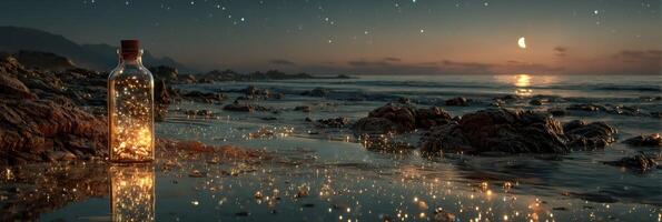 Bottled light sparkles on the shore under a crescent moon at twilight near a rocky beach photo