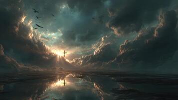 Dramatic sunrise with clouds and a cross reflecting on water in a serene landscape photo