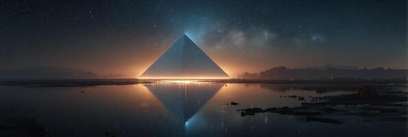 Mysterious pyramid illuminated at night with reflective water under a starry sky photo