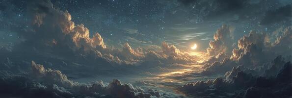 Night sky over luminous clouds reflecting moonlight with twinkling stars at dusk photo