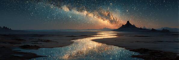 Stunning view of the Milky Way over tranquil water reflections at a remote desert location during nighttime photo