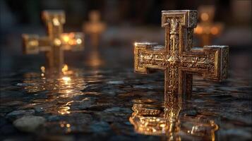 Shimmering golden crosses reflecting in tranquil water on a dark cobblestone surface photo