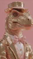 Stylish dinosaur in a shiny suit and top hat standing against a pink background during a quirky fashion event photo