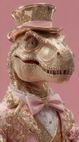 Extravagant dinosaur dressed in formal attire with intricate details against a pink background photo