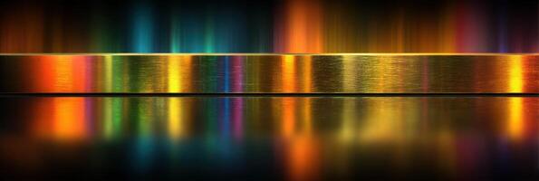 Colorful reflections on a metallic surface creating a vibrant visual display in a dimly lit environment photo