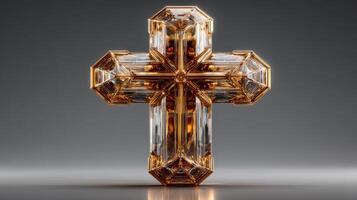 Elegant crystal cross sculpture with golden accents displayed on a neutral background photo