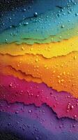 Colorful water droplets create a vibrant abstract pattern on a smooth surface in intense hues of blue, orange, and purple photo