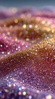 Shimmering glitter creates a mesmerizing texture in soft hues of purple and gold in ambient lighting photo