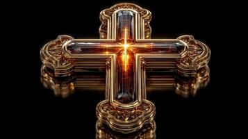Golden ornate cross with gleaming gems showcased against a dark background photo