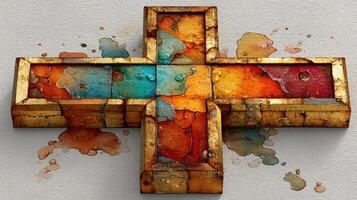 Colorful cross art with a weathered texture and vibrant paint splashes on a wall canvas photo
