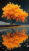 Vibrant orange tree reflects in calm waters during autumn afternoon in peaceful landscape photo
