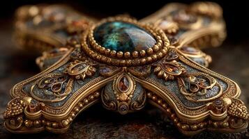 Exquisite ornate cross featuring intricate gold detailing and a stunning turquoise centerpiece on a textured background photo