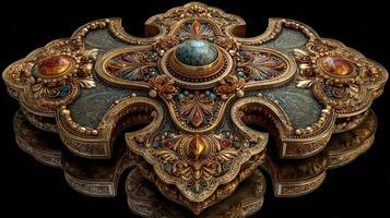 Intricately designed decorative object featuring vibrant gemstones and elegant patterns photo