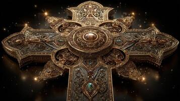 Intricate decorative cross featuring ornate details and gemstones illuminated in a dark setting photo
