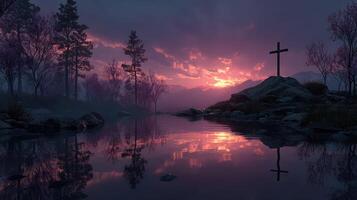 Serene sunset by a lake with a cross and silhouetted trees reflecting in calm waters photo