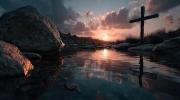 Sunset reflections at a serene lake with a wooden cross in a peaceful landscape photo