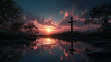 Sunset view over a serene pond with a cross and vibrant cloud reflections in the sky photo