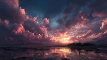 Sunset over rocky shoreline with cross silhouetted against vibrant sky filled with clouds and reflections on tranquil water surface photo